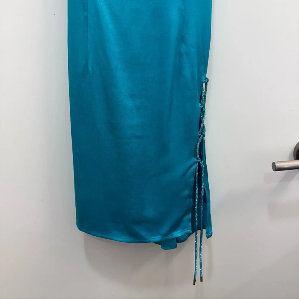 Meshki NEW Briah Diamante satin Mini Dress in cyan blue turquoise size small - Picture 4 of 9